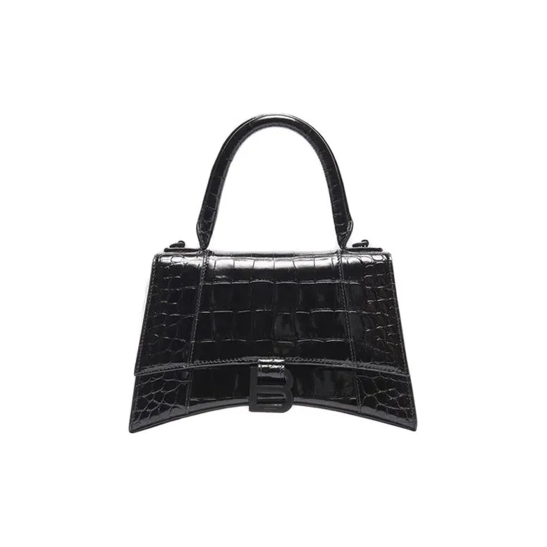     Balenciaga   Hourglass Black Buckle Crocodile Pattern Leather Hourglass Bag Handbag