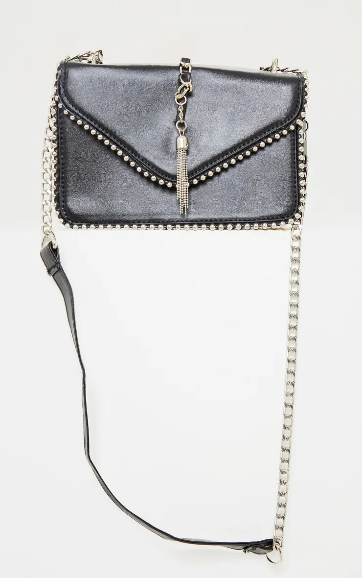 Black Pu Chain And Tassel Trim Cross Body Bag