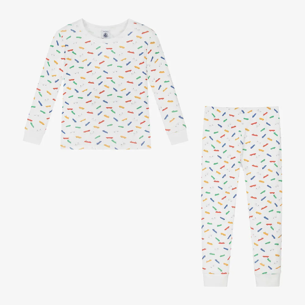 Boys White Cotton Skateboard Pyjamas