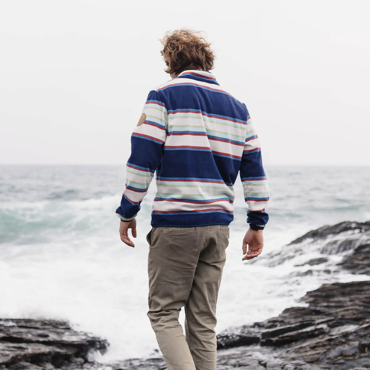 Canyon Recycled Polar Fleece Pullover - Navy Mix Up Stripe