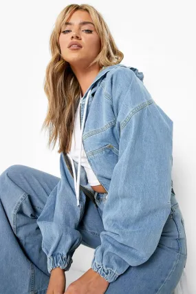 Cropped Denim Zip Through Hooded Jacket