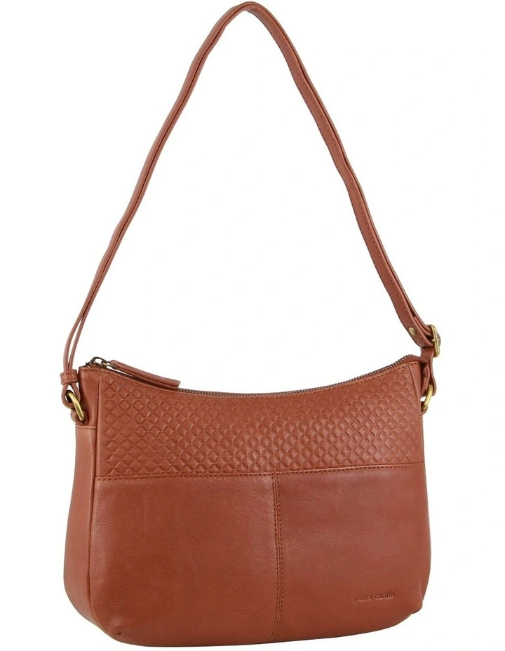 Diamond Pattern Embossed Leather Cross-Body Bag in Tan