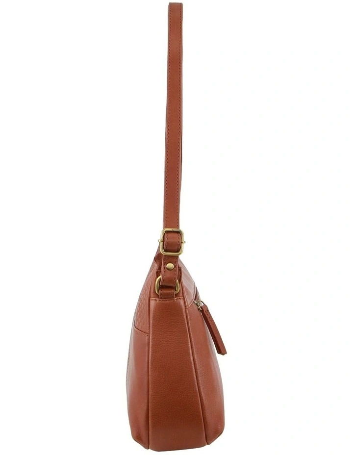 Diamond Pattern Embossed Leather Cross-Body Bag in Tan