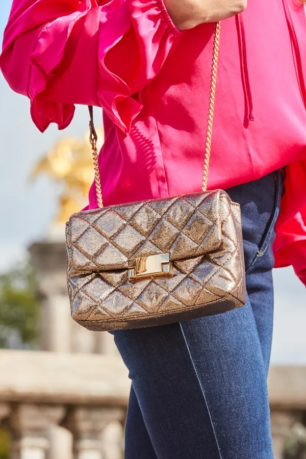 Gold Metallic Diamante Quilted Clasp Detail Cross Body Bag