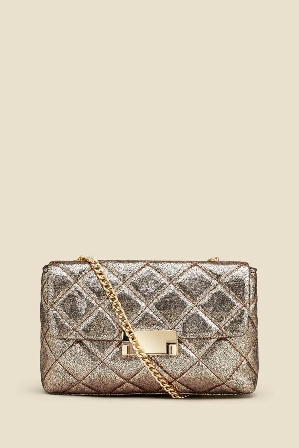 Gold Metallic Diamante Quilted Clasp Detail Cross Body Bag