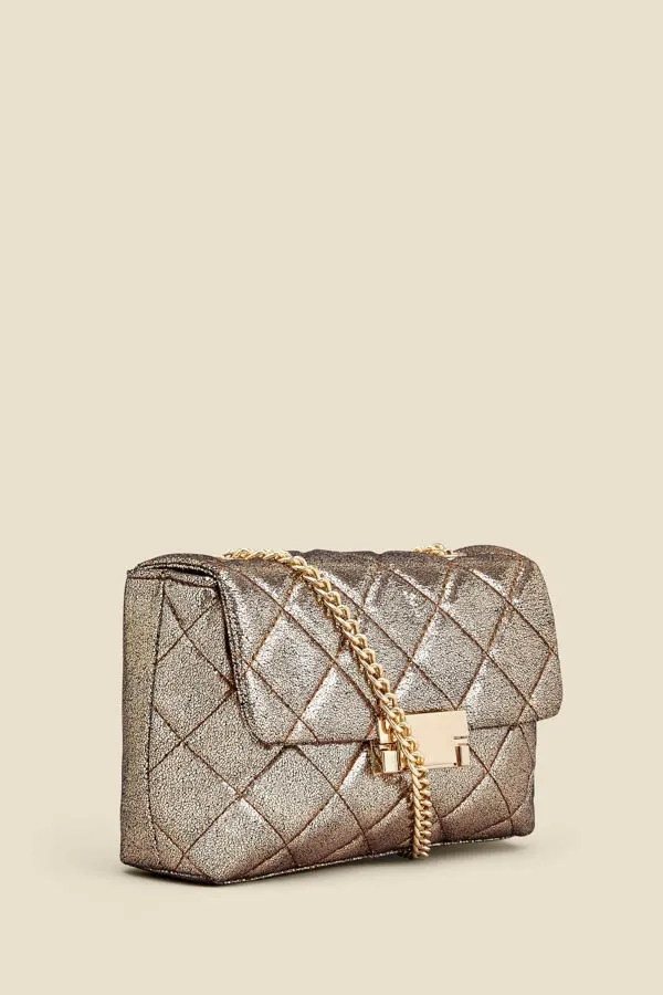 Gold Metallic Diamante Quilted Clasp Detail Cross Body Bag