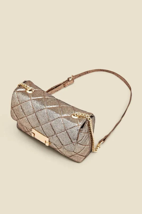 Gold Metallic Diamante Quilted Clasp Detail Cross Body Bag