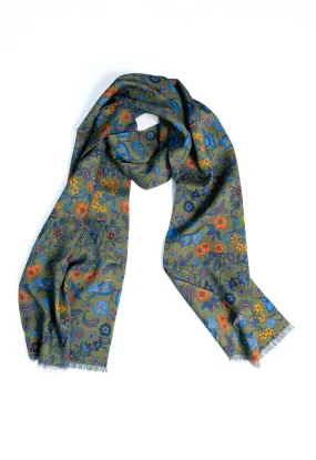 Green Floral Wool Silk Scarf