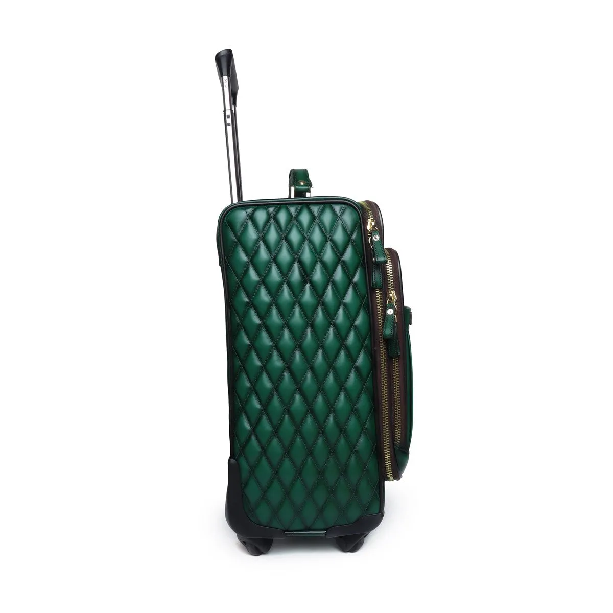 Green Leather Diamond Stitched Quad Wheel Trolly Bag by Brune & Bareskin