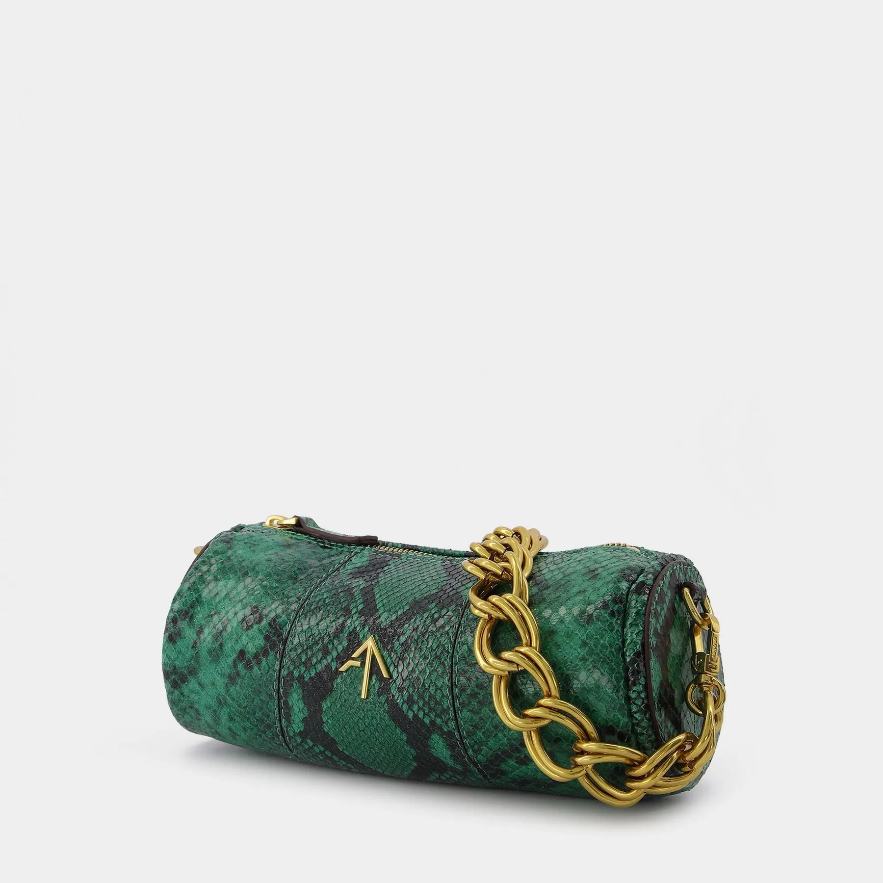 Manu Atelier  Mini Cylinder Bag in Snake Embossed Green Leather