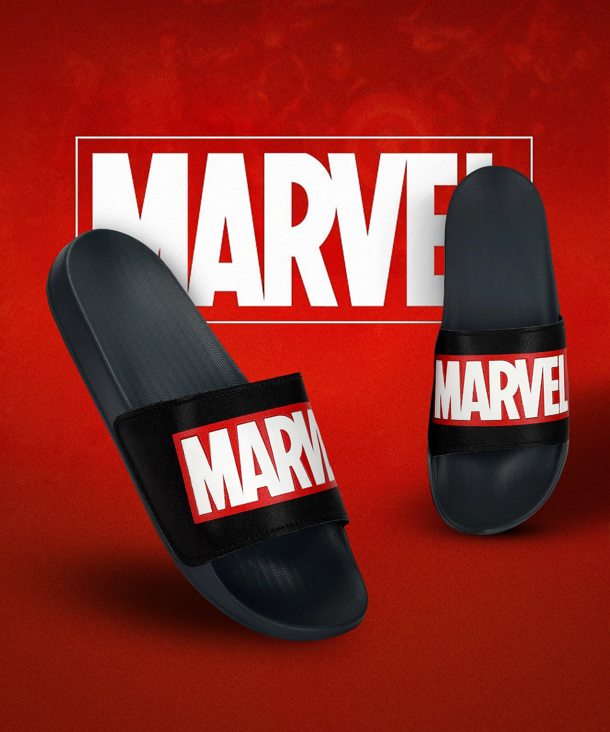 Marvel EVMK10922 Men's Black Sliders | Trendy Sliders with Cushioned & Durable Anti-Skid Construction | Waterproof & Lightweight