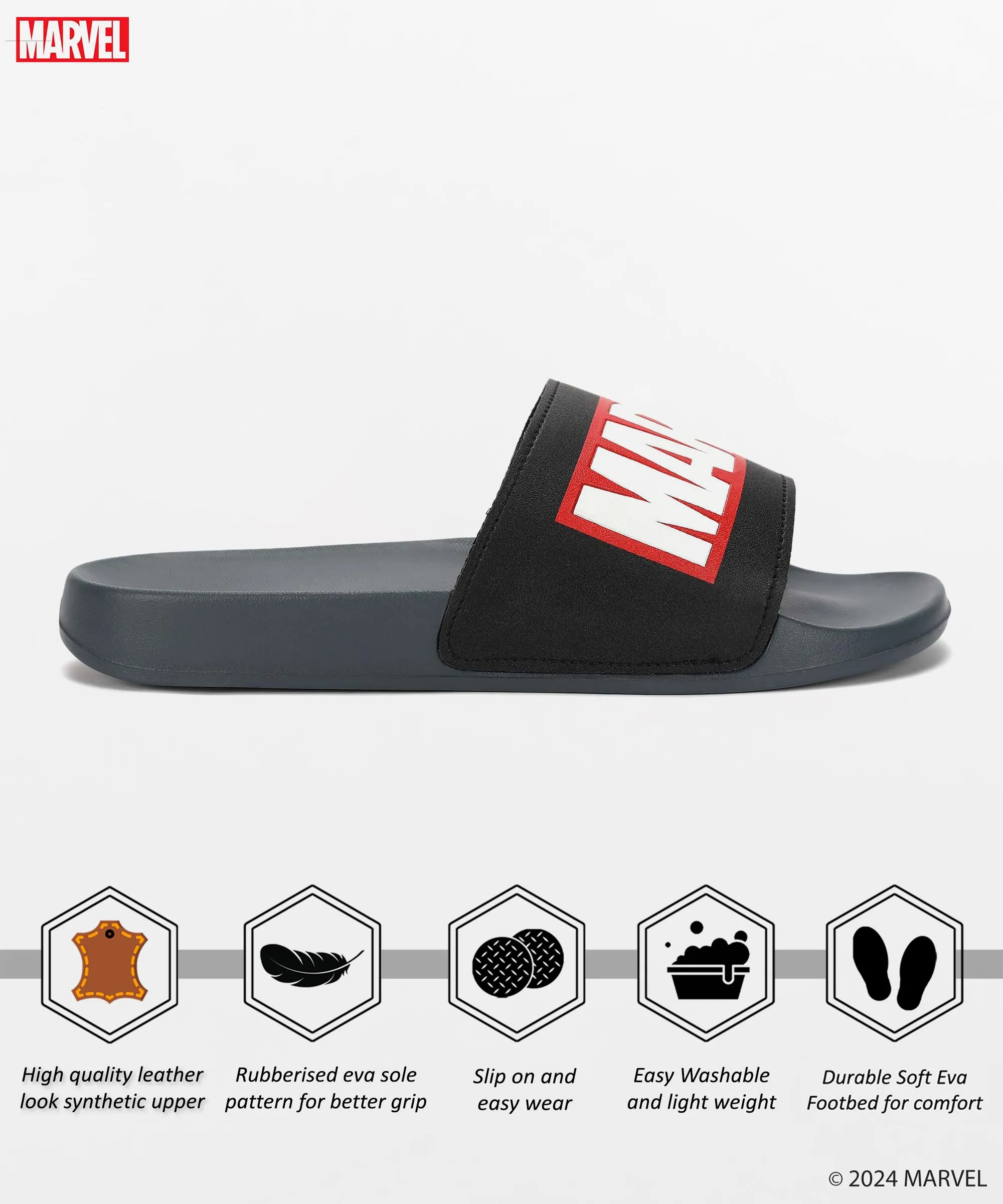 Marvel EVMK10922 Men's Black Sliders | Trendy Sliders with Cushioned & Durable Anti-Skid Construction | Waterproof & Lightweight