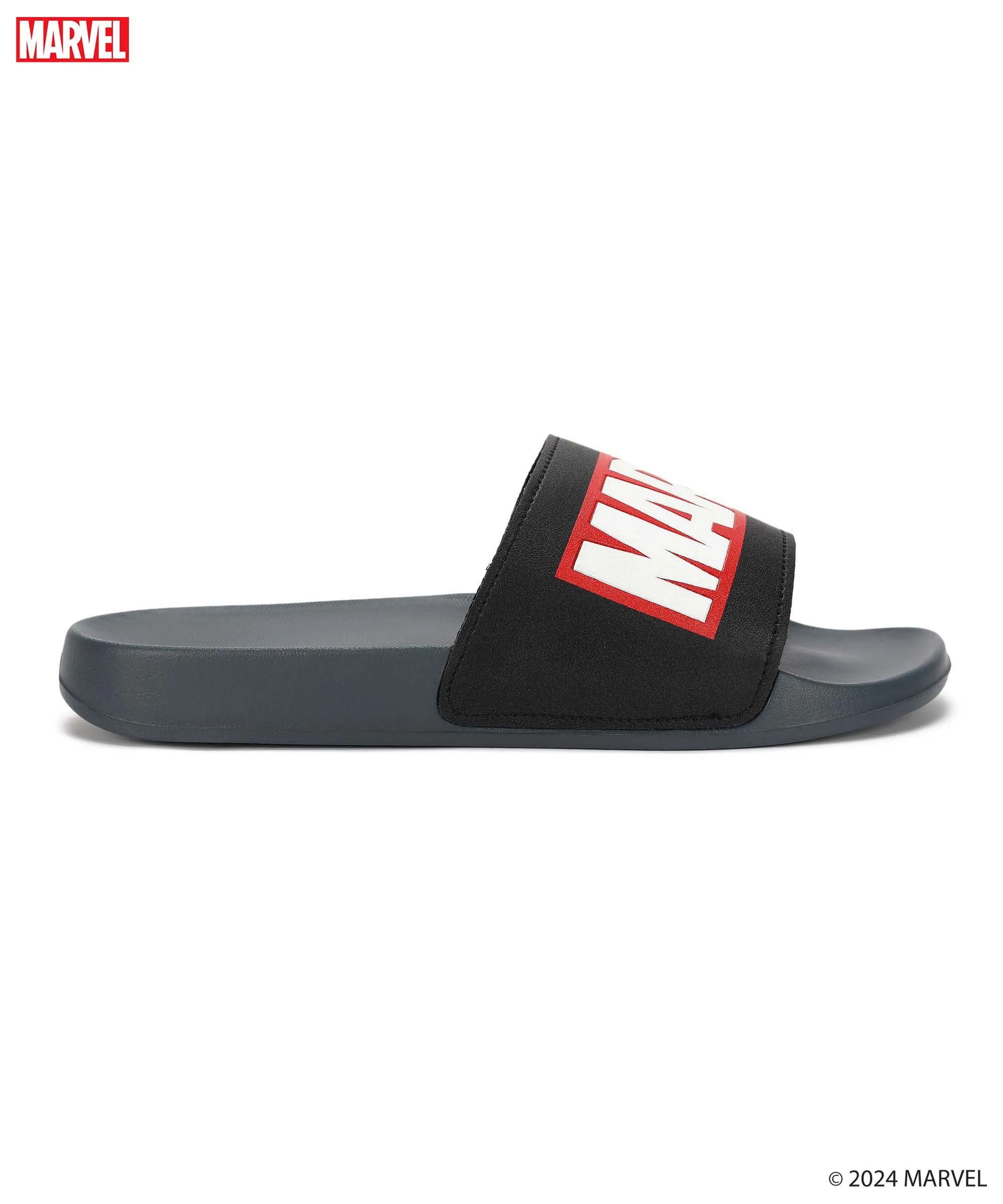 Marvel EVMK10922 Men's Black Sliders | Trendy Sliders with Cushioned & Durable Anti-Skid Construction | Waterproof & Lightweight