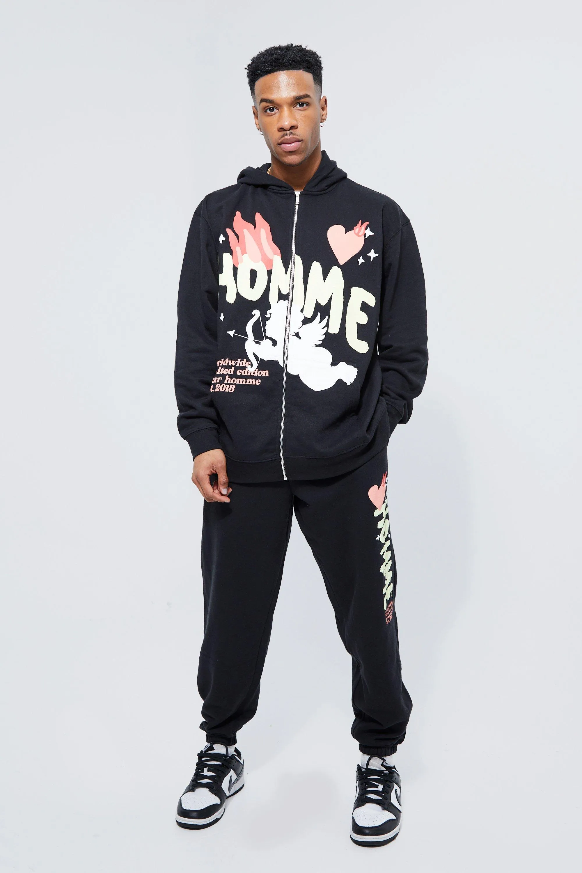 Oversized Graphic Zip Hoodie Jogger Tracksuit | boohooMAN UK