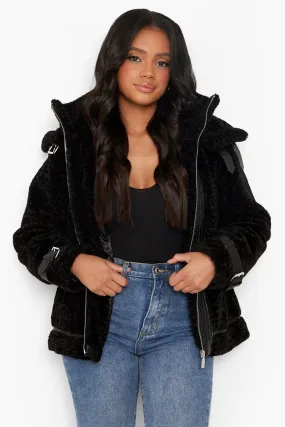 Petite Teddy Faux Fur Collar Aviator Jacket