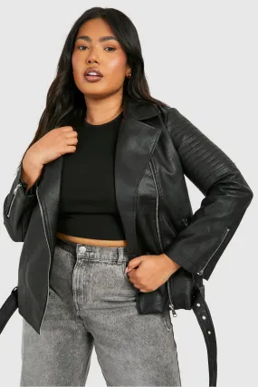 Plus Belted Faux Leather Pu Moto Jacket