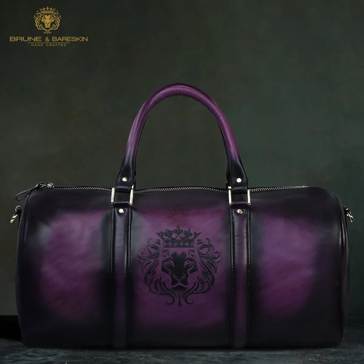 Purple Smudged Look Leather Brune & Bareskin Embossed Lion Duffle Bag