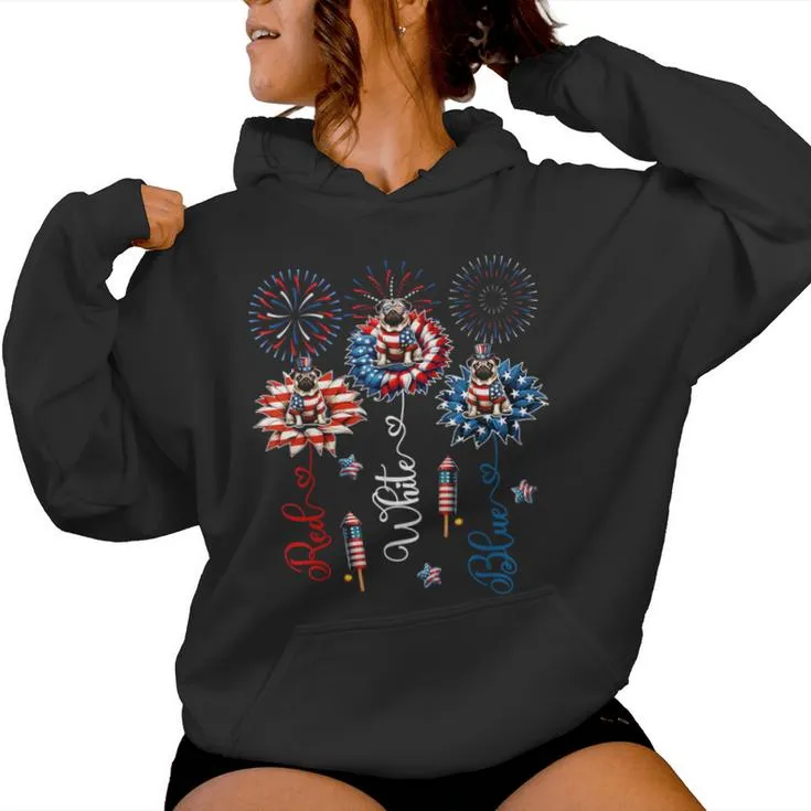 Red Blue White Three Cute Pugs On Floral 4Th July Patriotic Women Hoodie