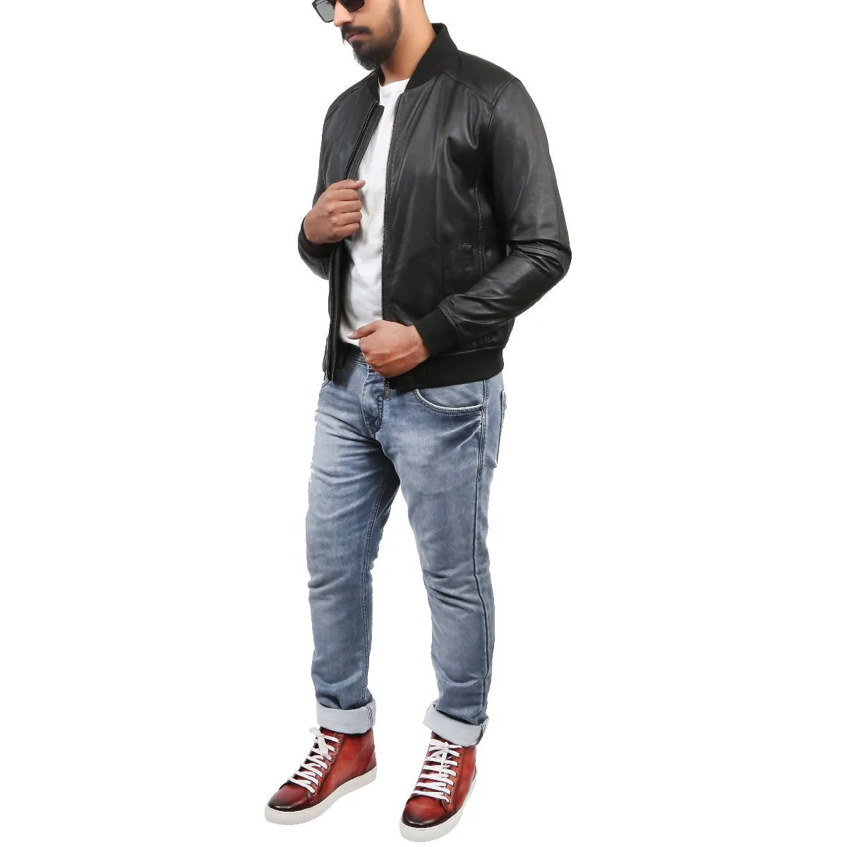 Ribbed Style Leather Bomber Jacket For Men