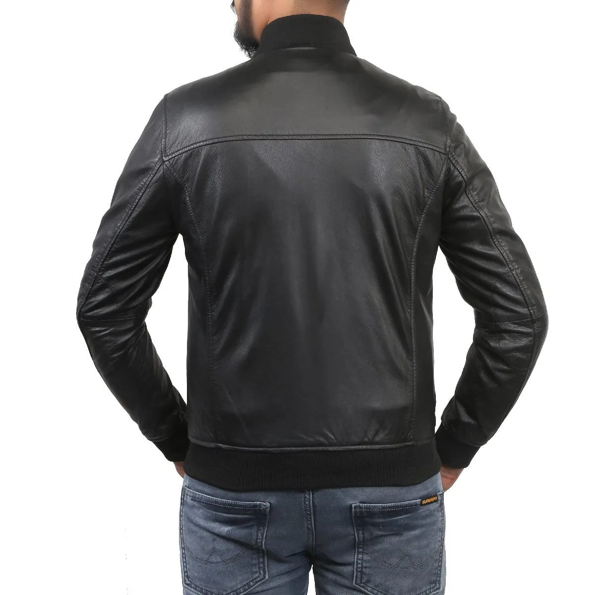 Ribbed Style Leather Bomber Jacket For Men