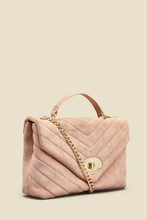 Taupe Faux Suede Quilted Clasp Detail Cross Body Bag