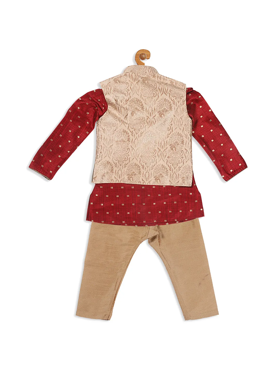 VASTRAMAY SISHU Boy's Maroon Ethnic Motifs Woven Design Kurta with Rose Gold Pyjama And Jacket